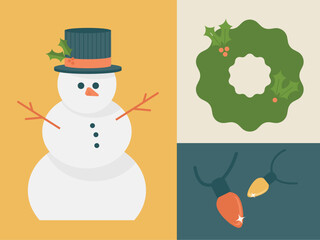 Snowman with hat. Holiday Wreath and Lights. Vector Illustration Set.