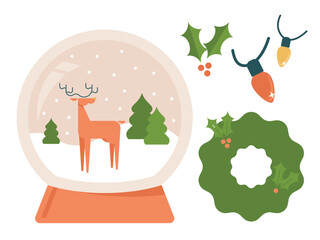 Snow Globe with Reindeer and Trees. Holiday Wreath. Lights and Holly. Vector Illustration Set.