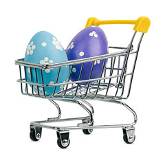 Two Easter eggs in mini grocery cart isolated on a transparent background