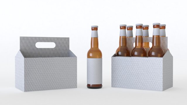 3D rendering of white six pack beer bottles and empty box, and one more bottle with white label isolated on white background with shadows