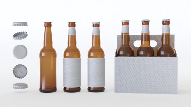 Three Beer bottles with empty white label and caps, isolated on white background with shadows, 3d rendering