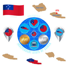 Set of illustrations of flag, outline map, icons of Samoa. Travel concept.