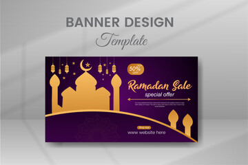 Stylish Ramadan Kareem Mega Flash Sale Shopping Poster or Banner, Ramadan Sale Web Banner Promotion Design Template for Business, Discount Post and Social Media Banner