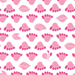 Stylistic pink flowers and leaves in rows on a white background make for a seamless pattern that is both refined and simple.
