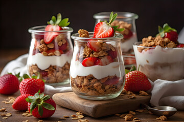 Healthy breakfast of strawberry parfaits made with fresh fruit, yogurt and granola over a rustic table. AI generated