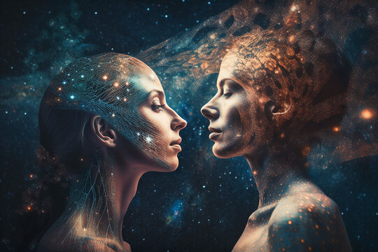 Starseed people as human aliens from another galaxies, fictitious person. AI generated image