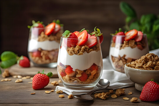 Healthy breakfast of strawberry parfaits made with fresh fruit, yogurt and granola over a rustic table. AI generated