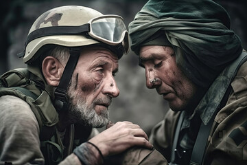 Portrait of two soldiers facing each other with dramatic and hopeless gestures. Concept of rawness in war. AI generated