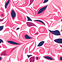 A 1960s-inspired Pucci-style pattern of pink, blue, and burgundy flowers and leaves on a white background.