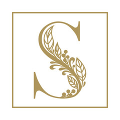 Gold letter S. Floral vintage symbol