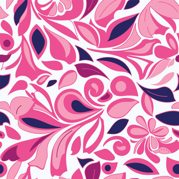 A 1960s-inspired Pucci-style pattern of pink, blue, and burgundy flowers and leaves on a white background.