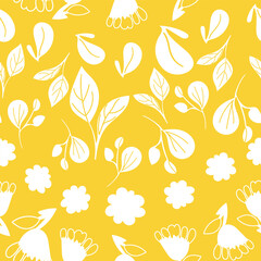 White leaves and flowers pop against a bright yellow background in this seamless pattern.