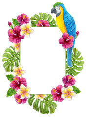 Tropical frame with parrot and flowers. Hand drawn watercolor painting with pink Hibiscus rose and palm leave isolated on white background. Floral summer border.