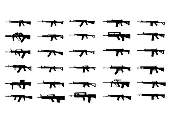 Most popular and famous machine guns in the world. Exclusive silhouettes vector set including 30 pcs. Isolated on white background.