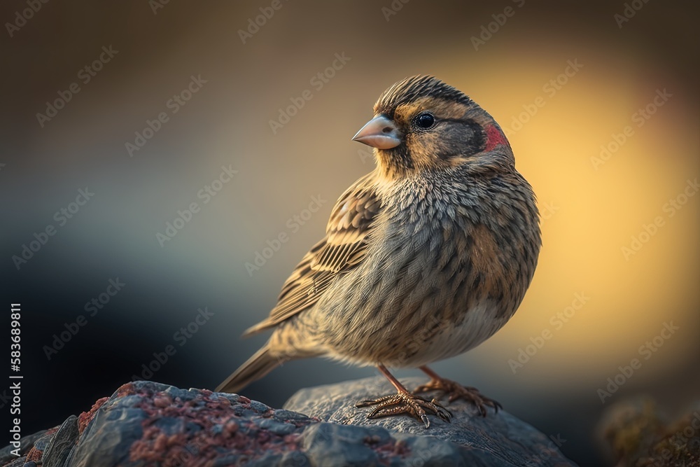 Poster blurred backdrop closeup of a sparrow resting on a rock. generative ai