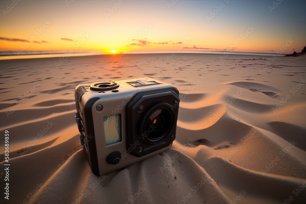 Poster shot from very close range of a gopro camera lying on the beach and capturing a stunning sunset. gen