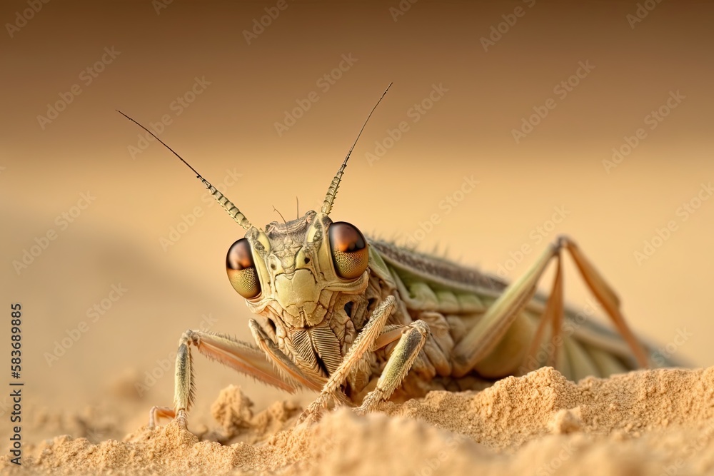 Poster a grasshopper is seen in close-up as it moves through the sand. generative ai