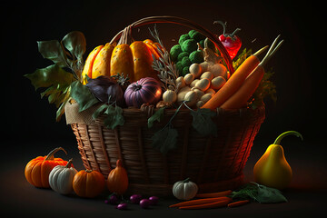 a basket of various vegetables, cabbage, carrots, cauliflower and many others. AI generativ.