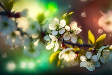 Fototapeta na wymiar flowers of blossoming fruit trees on a light blurred background, bokeh AI generativ.