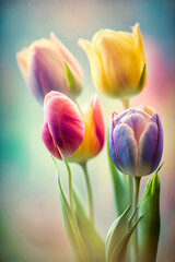 pastel-coloured tulips on a light blurred bokeh background. AI generativ.