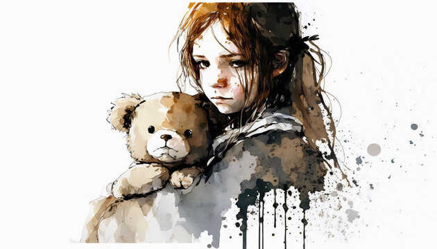 Sad Young Girl Holding Teddy Bear, isolated on white background - watercolor style illustration background by Generative Ai	
