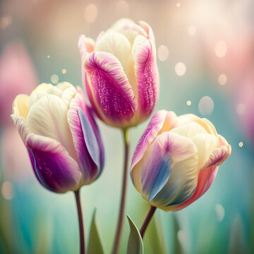 pastel-coloured tulips on a light blurred bokeh background. AI generativ.