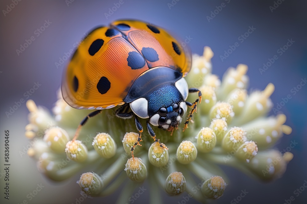 Poster a macro photo of a ladybug resting on a flower, with the background blurred generative ai