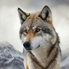 Obraz premium Portrait of a snow mountain wolf - generative AI
