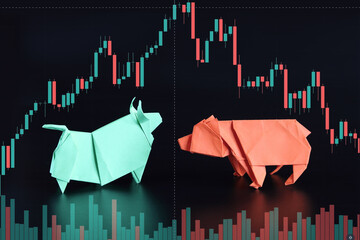Origami bull and bear confrontation, trading of exchange schedule Japanese candles