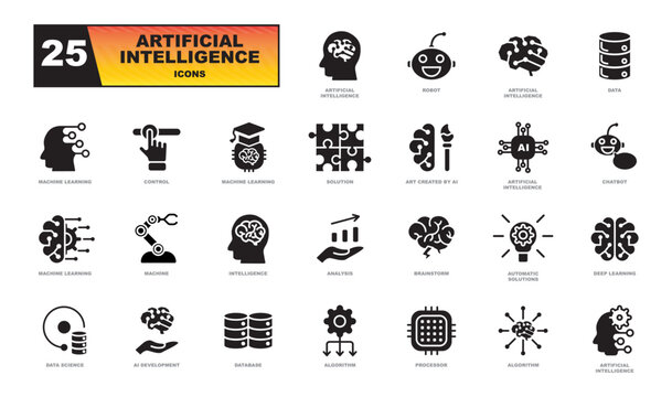 Artificial intelligence black icons. Icon set with machine learning, smart robotic and cloud computing network digital AI technology: internet, solving, algorithm, choice sign.