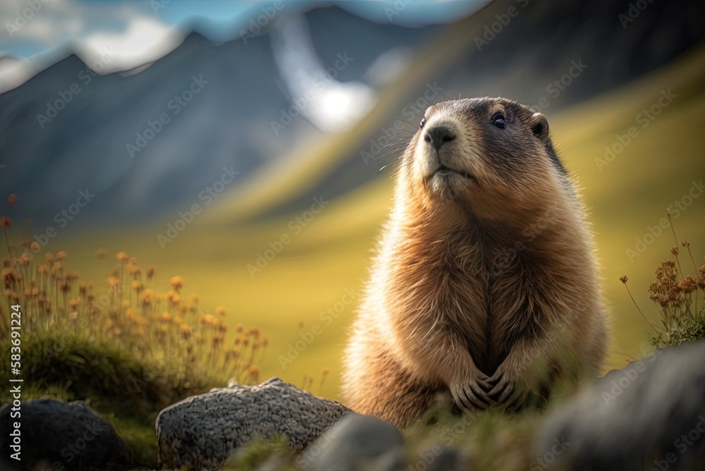 Poster image of a marmot up up and personal in its native habitat generative ai