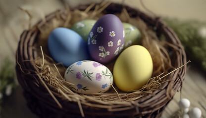 Fototapeta na wymiar Painted colorful Easter eggs in a basket of hay