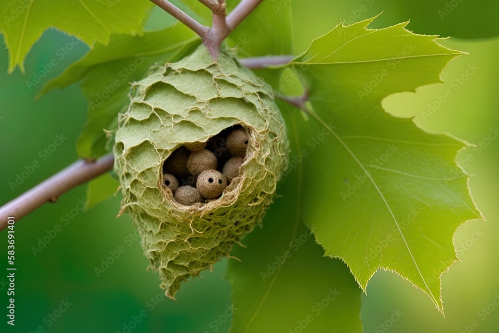 Poster images of a hornet's nest in a maple tree, snapped up close, with a green background generative ai