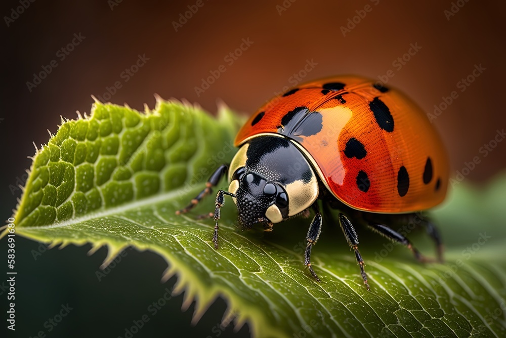 Poster an up-close look at a ladybug perched on a leaf generative ai