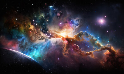 Obraz na płótnie Canvas epic shot of planets and asteroids in nebulae. Generative AI