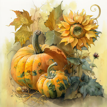 Watercolor illustration of pumpkin and giant sunflowers created with Generative AI technology