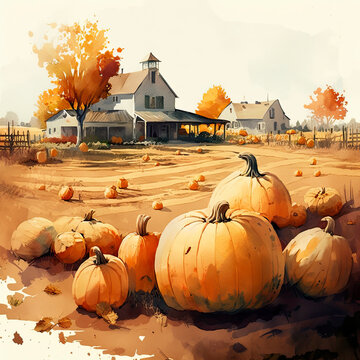 Watercolor pumpkin farm with old farmhouse in the background created with Generative AI technology