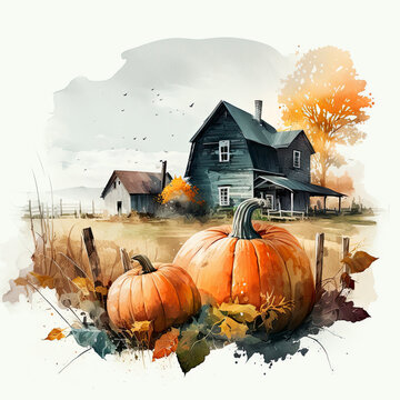 Watercolor pumpkin farm with old farmhouse in the background created with Generative AI technology