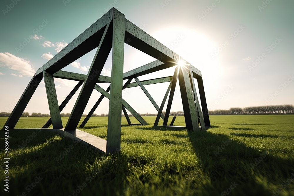 Poster a wide image of a grassy field with a contemporary metal building in the foreground. generative ai