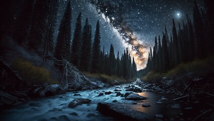Night forest with river and sky full of stars