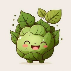 Fototapeta premium Happy smiling kawaii green cabbage kohlrabi plant cartoon character, funny cute vegetable sticker color personage icon isolated on white background, healthy organic vegan diet food. AI generative.