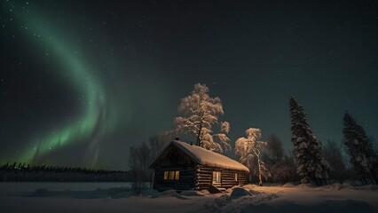 winter house at night in snow with aurora in the sky