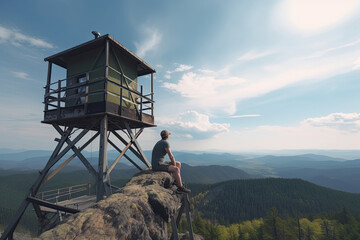 person on top of a mountain overlooking the valley - made with generative ai