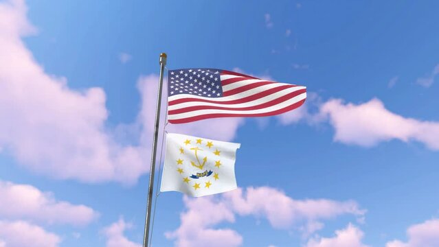 Rhode Island and USA flags blowing in the wind