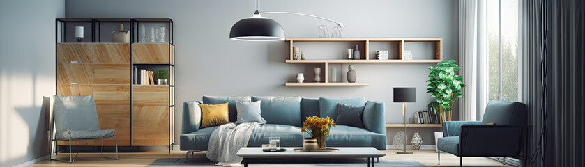 Interior of modern living room panorama, generative ai