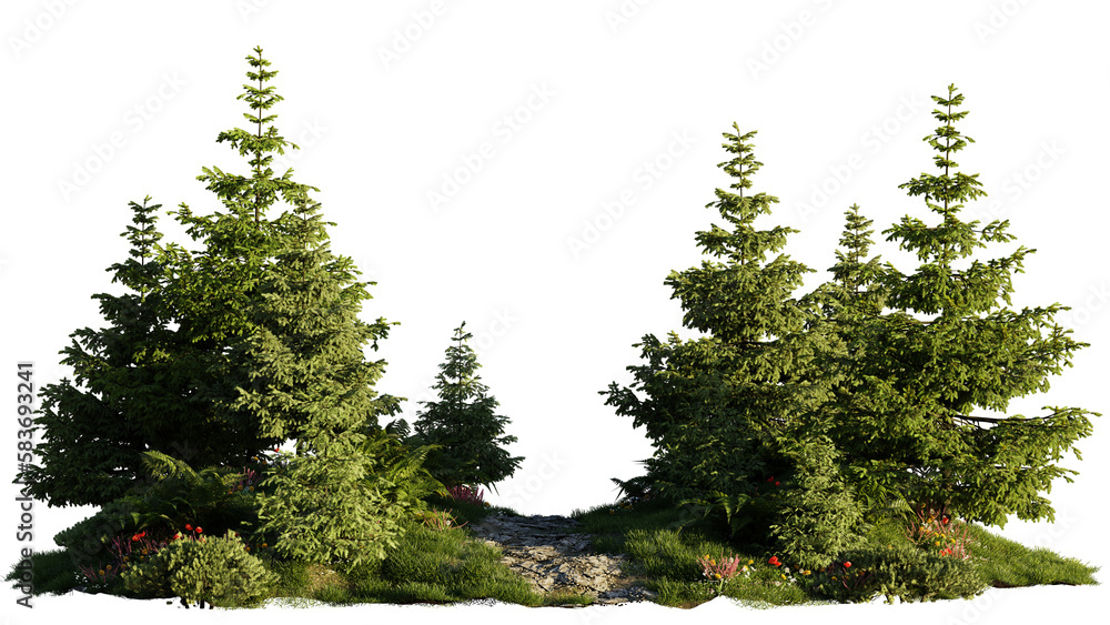 Wall mural small fir forest, landscape isolated on transparent background