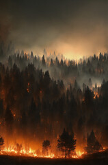 a forest fire burning in the night with lots of trees on the side of the fire line and a lot of smoke coming from the trees Generative AI.