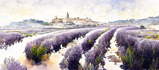 Watercolor Painting of the lavender fields of France, They stretch out for miles in shades of purple and blue, filling the air with a sweet, floral fragrance, generative AI