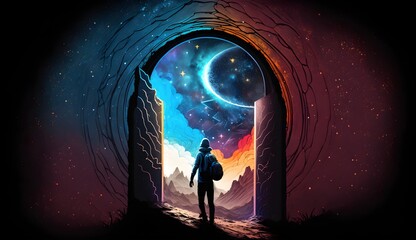 a lonely person walking toward the portal to the galaxy Generative AI