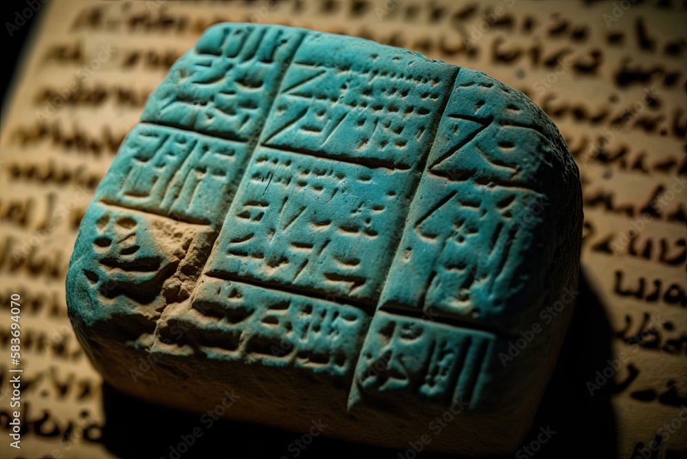 Poster image of a kanesh judgment written in hittite cuneiforms up close. generative ai